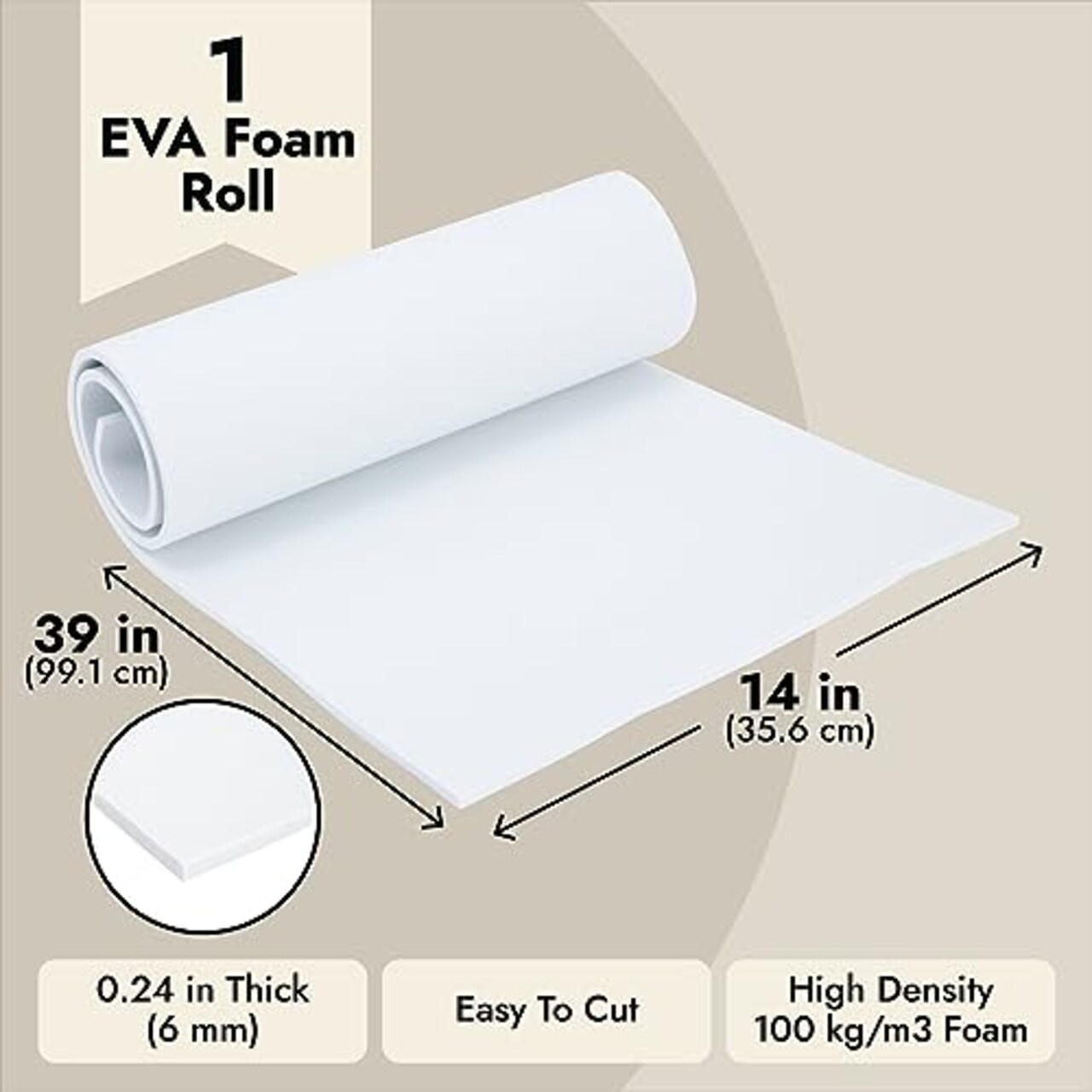 6mm Foam Roll, White Foam Sheet for Cosplay Armor, Costumes, High Density 100 kg/m3 (14x39 in)